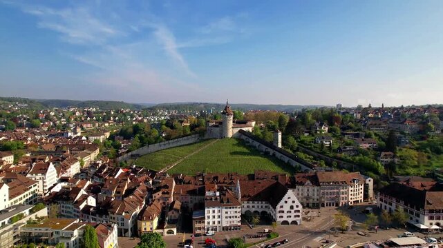 Historical medieval towns of Switzerland. scenic Schaffhausen and view of Munot castle over  Rhein river . Swiss travel and landmarks