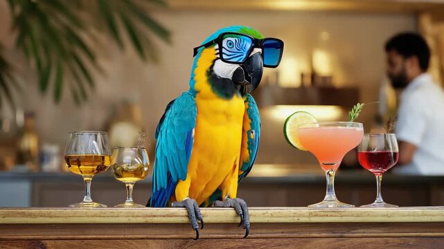 Colorful parrot wearing sunglasses enjoys drinks in a bar setting