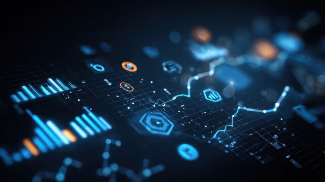 AI, Big Data, and business analytics icons represent the integration of advanced technology in analyzing graphs, business data, and market trends, driving strategic decisions and innovative solutions