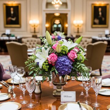 flowers placed on a luxurious table and there are glass plates next to it