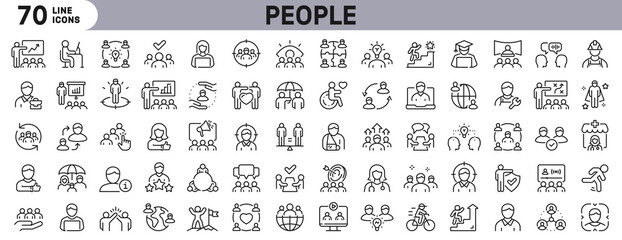 People line icons set with Teamwork, Community, Meeting, Handshake, Leader, Career and more. Editable Stroke