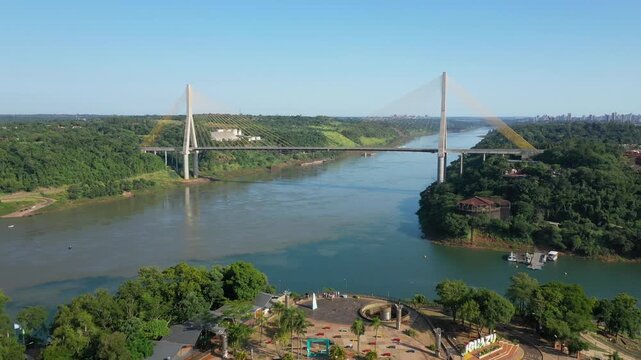 Aerial view of the Three Borders Monument and the Integration Bridge in Misiones, Argentina.