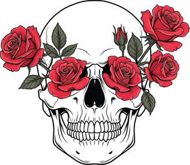 Floral skull with red roses, a symbol of life and death, perfect for gothic themes