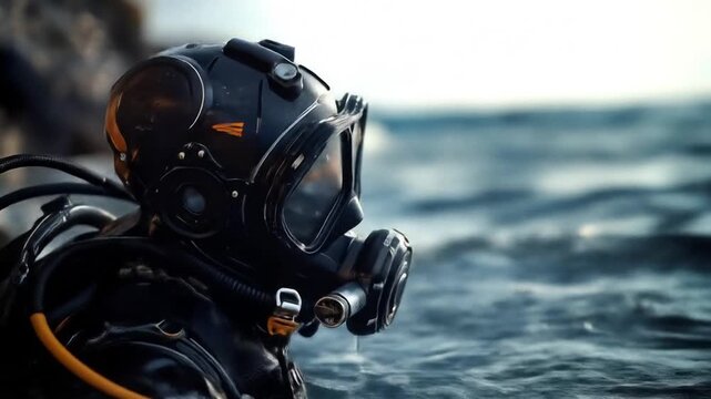 Underwater diving helmet submerged in water