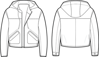 Jacket technical sketch, front view, back view, hooded design, zipper closure, flap pockets, button cuffs, fashion template, garment illustration