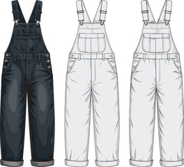 Overalls technical drawing, fashion sketch, rolled cuffs, pocket detail, strap design, button closure, garment template, clothing illustration, apparel concept