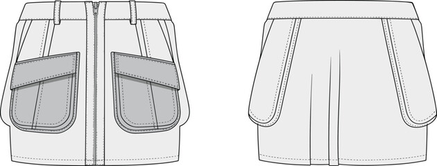 Flat vector CAD drawing of women's cargo skirt with front zipper, oversized flap pockets, belt loops, and pleated back view