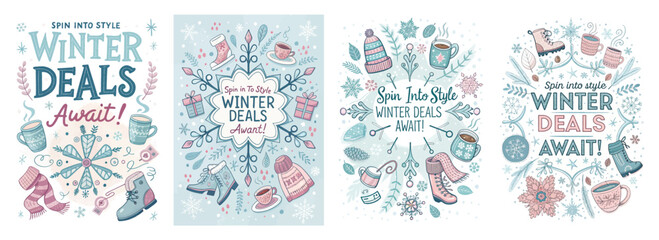 Fototapeta premium Set of four winter-themed posters with apparel snowflakes and hot drinks promoting seasonal deals