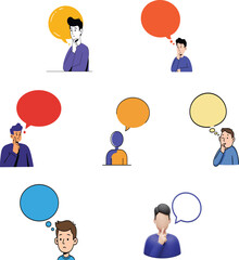 Diverse characters engaged in pensive thought with speech bubbles above them
