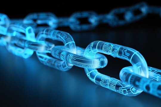 Digital blockchain chain with glowing links representing secure data transfer