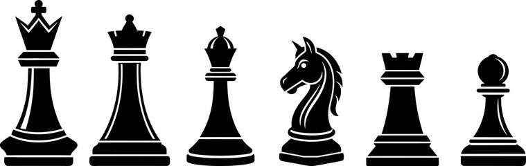 Chess piece silhouette icons set. Chess icon vector illustration for web design isolated on white background. King, queen, bishop, pawn, horse, knight, rook. Smart board game elements