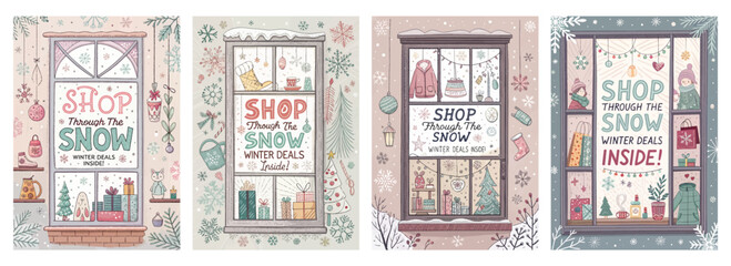 Set of four posters featuring illustrated festive shop windows with holiday decorations and winter deals