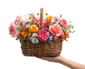 A hand holds a wicker basket overflowing with a vibrant bouquet of mixed flowers