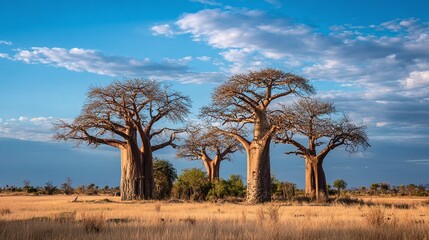 Obraz premium Majestic Baobab trees dominate the horizon under a breathtaking sky, embodying the timeless beauty of the African landscape.