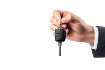A hand in a suit holds a car key