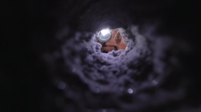 Man inspecting a dryer vent with a flashlight, checking for lint buildup and blockages. The image captures a real-life home maintenance moment, emphasizing fire prevention, appliance safety, and respo