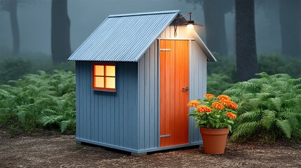 Small Grey Cabin with Orange Door in Misty Forest at Night