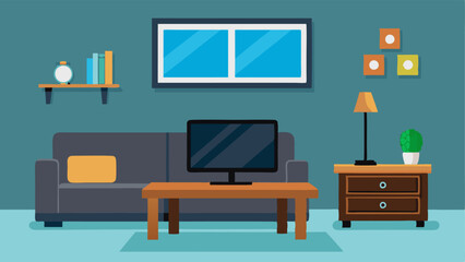 A living room with a black leather sofa a wooden coffee table and a wallmounted TV.