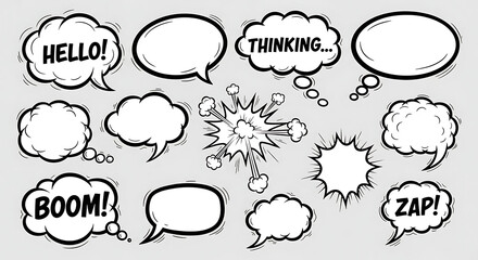 A collection of hand-drawn comic book speech bubbles, thought clouds, and sound effect graphics like BOOM and ZAP.