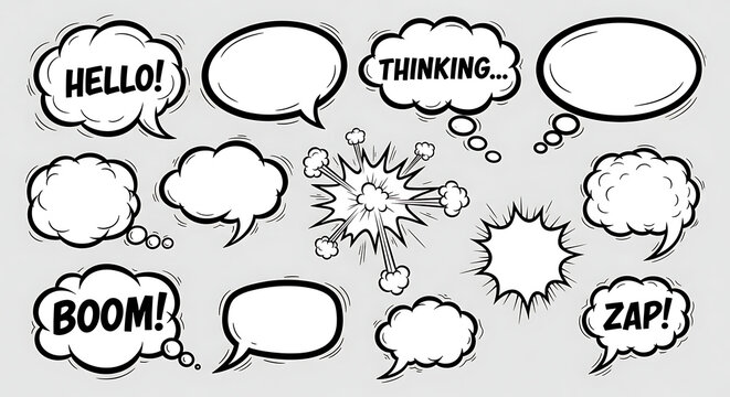 A collection of hand-drawn comic book speech bubbles, thought clouds, and sound effect graphics like BOOM and ZAP.