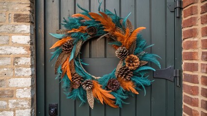 Rustic feather wreath with pinecones on a dark green wooden door