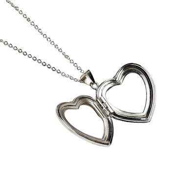 Two linked heart-shaped locket pendant on a chain