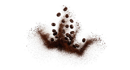 Explosion of Coffee Beans and Grounds on White Background Revealing Rich Aroma and Fresh Brew...