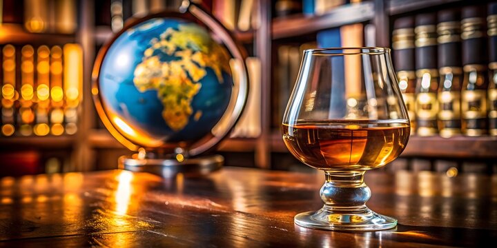A glass of whiskey on a wooden table with a globe and books in the background, creating a vintage and luxurious atmosphere for relaxation and travel