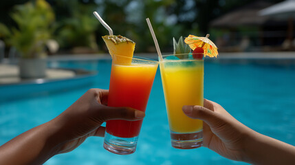 Colorful tropical drinks toasting by the pool for a summer vibe