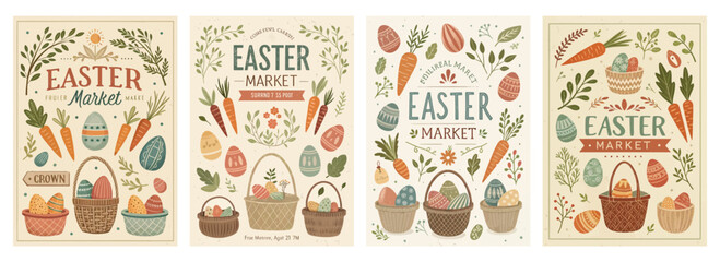 Set of four vintage-style Easter market posters with pastel eggs, carrots, and baskets