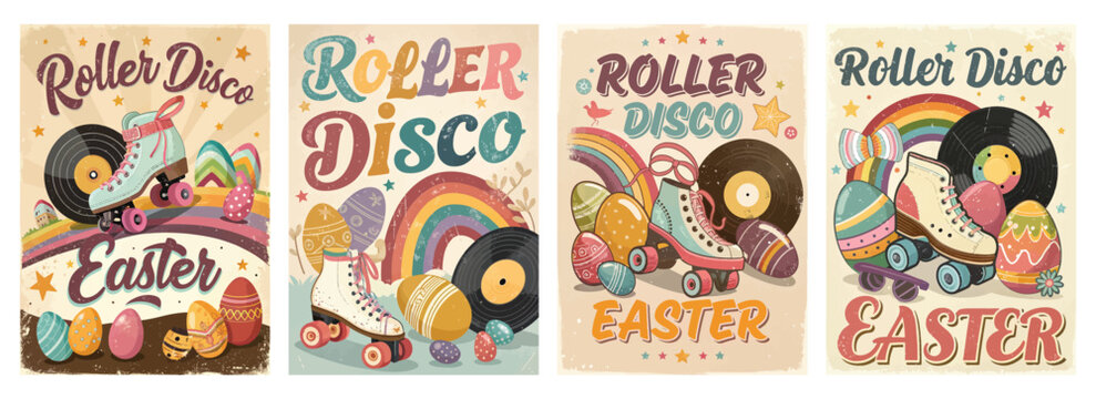 Set of four vibrant retro posters with roller skates rainbows vinyl records and Easter eggs