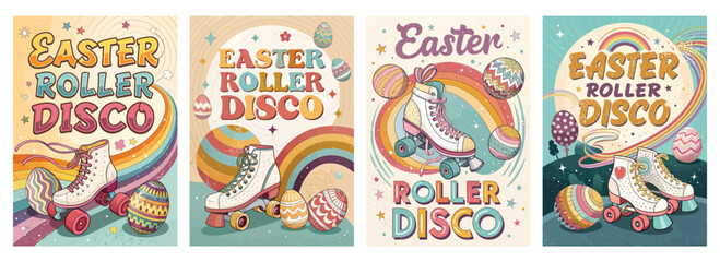 Obraz premium Set of four posters featuring vintage roller skates with bright rainbows and Easter eggs