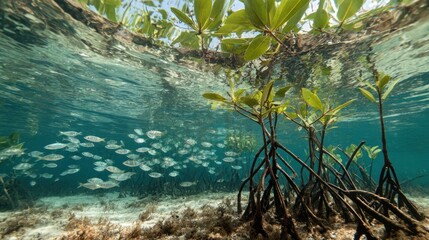 Mangrove forest underwater, sunlight filters through