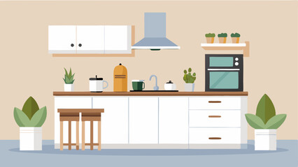 A minimalist kitchen with white cabinets stainless steel appliances and a wooden kitchen island with a few succulents.