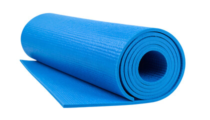 Rolled blue yoga mat, exercise equipment for fitness and wellness on transparent background
