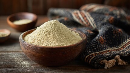 Wooden bowls on a wooden surface. A mound of flour is in one of the bowls. In the background is a draped cloth with a dark pattern.