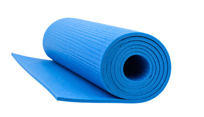 Rolled blue yoga mat for fitness and exercise, healthy lifestyle on transparent background