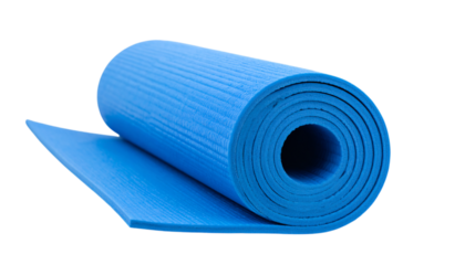Rolled blue yoga mat for fitness and exercise, healthy lifestyle on transparent background