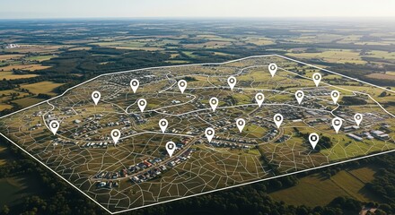 Aerial view of planned residential development with pin markers