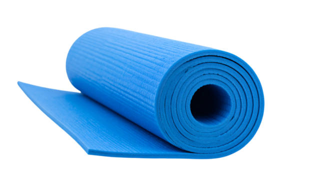 Rolled blue yoga mat for fitness and exercise, healthy lifestyle on transparent background