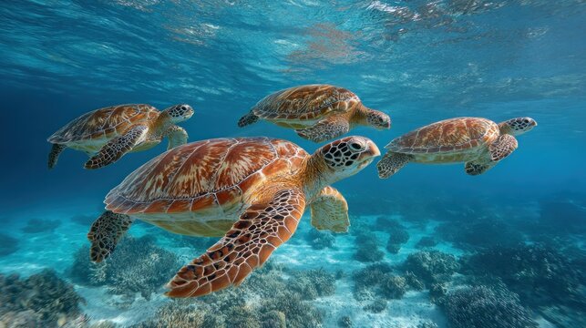 Four sea turtles swim in coral reef