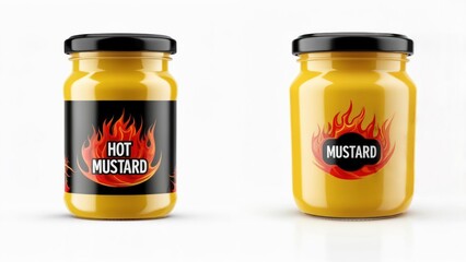 Two yellow mustard jars with black lids