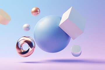 Abstract 3D Geometric Shapes Composition on Pastel Background