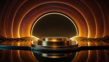 Illuminated stage presentation platform with luxurious gold concentric abstract curved panel background for product display and elegant marketing campaign material