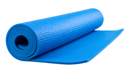 Rolled blue yoga mat for fitness, exercise, and wellness practice on transparent background