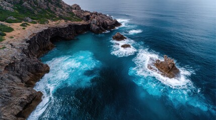 Fototapeta premium Aerial drone shot of rocky coastline, waves crashing against cliffs, blue-green ocean, rugged natural landscape, dramatic seascape, ideal for travel and adventure stock photography