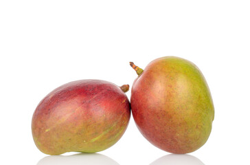 Ripe juicy mangoes on a white background, close-up.