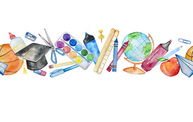 Seamless border with watercolor school supplies, back to school copy space design.