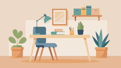 A peaceful study space with a minimalist wooden desk and a comfortable chair. The only decorations are a small succulent plant and a framed calligraphy piece.