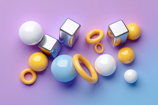 Playful Background with Floating Spheres, Cubes, and Rings